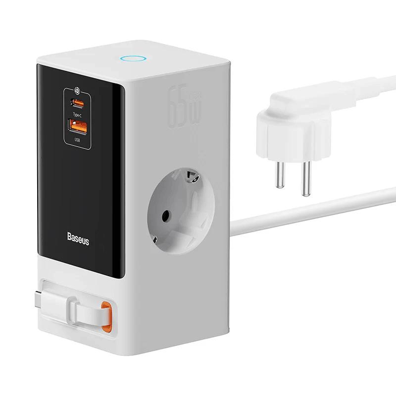 شارژر رومیزی بیسوس 65 وات مدل Baseus PowerCombo Digital PowerStrip 2AC+1U+1C+Retractable-C (65W)